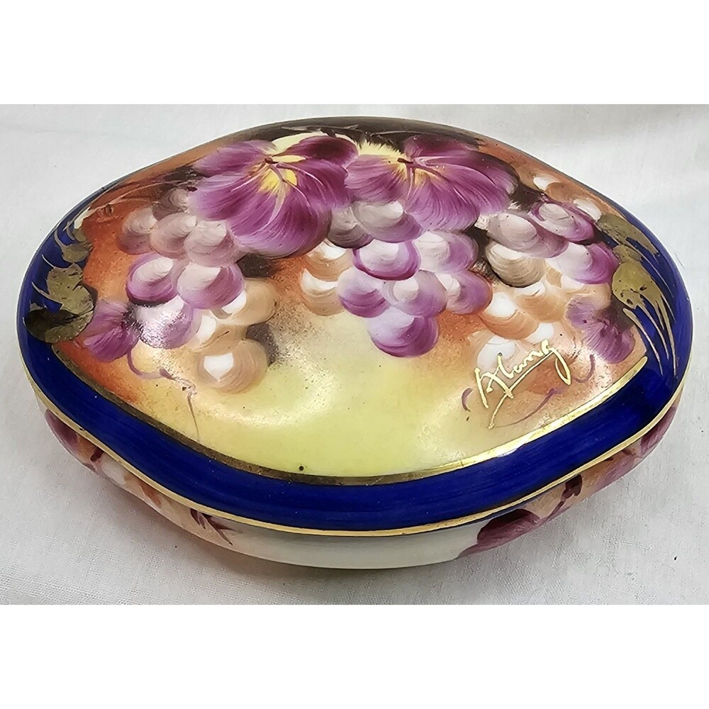 Vtg Hand Painted Porcelain Trinket Box w/ Lid Signed Alang Floral & Grape Motif